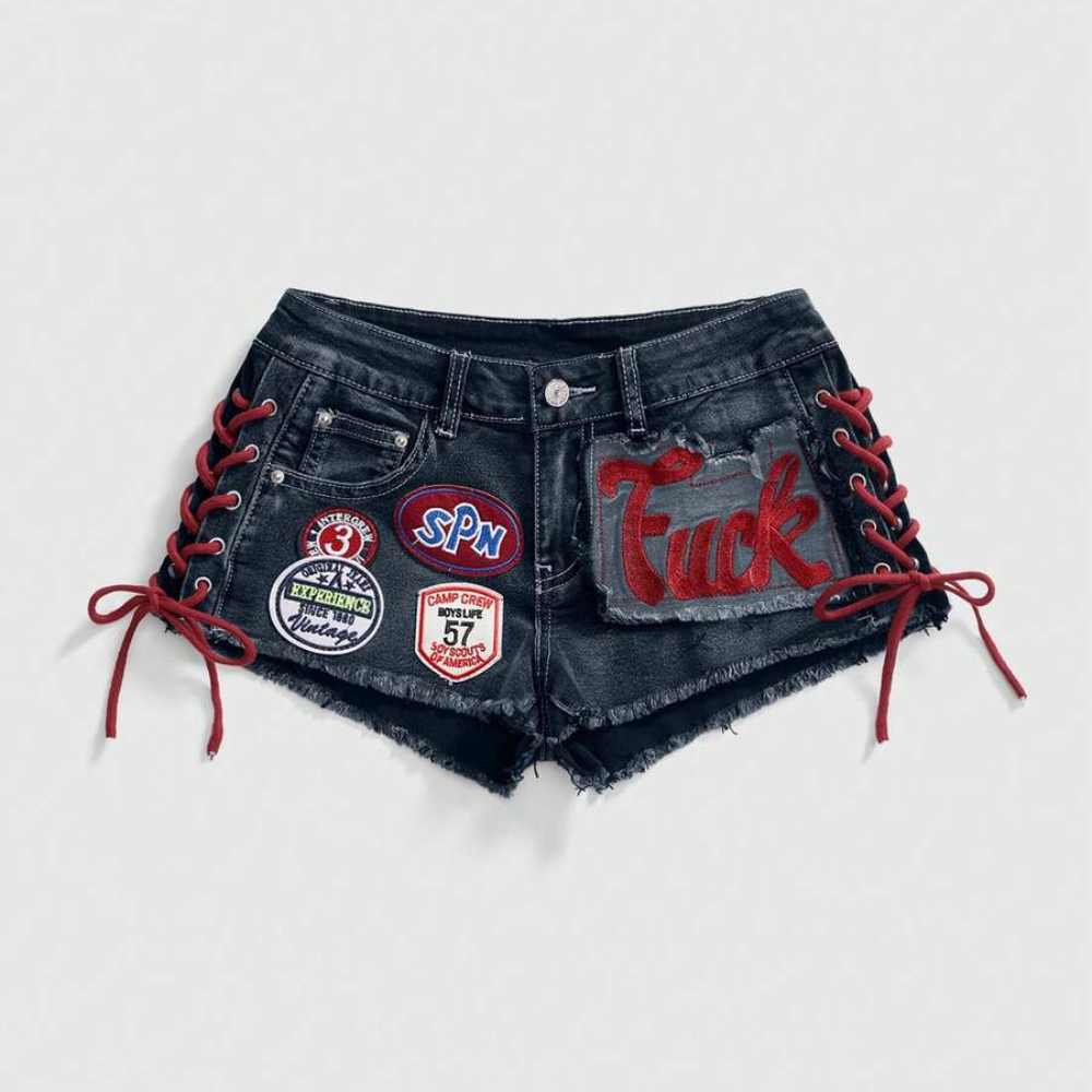 Spring And Summer Retro Sports Embroidered Drawstring Low Waist Shorts For Women