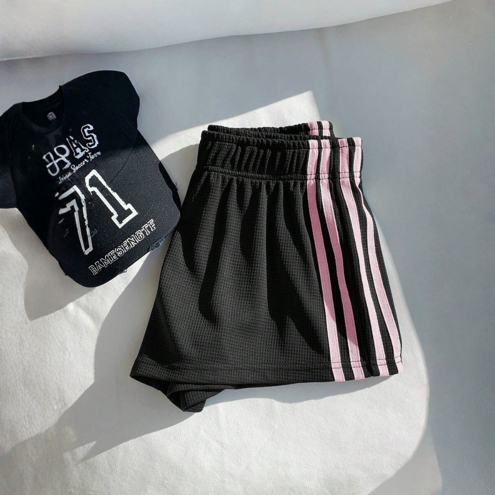 Vintage Washed Knit Cotton Striped Wide Shorts For Women