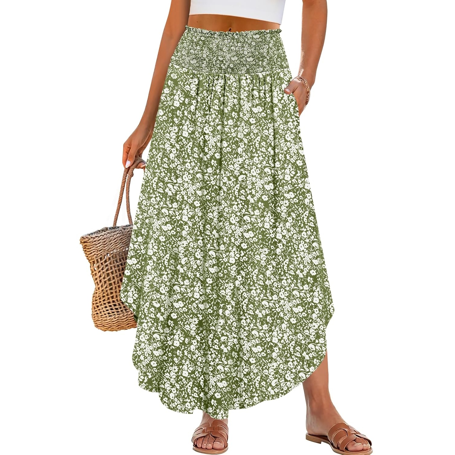 Summer Boho Floral Flowy Pleated Maxi Skirts With Pockets For Women
