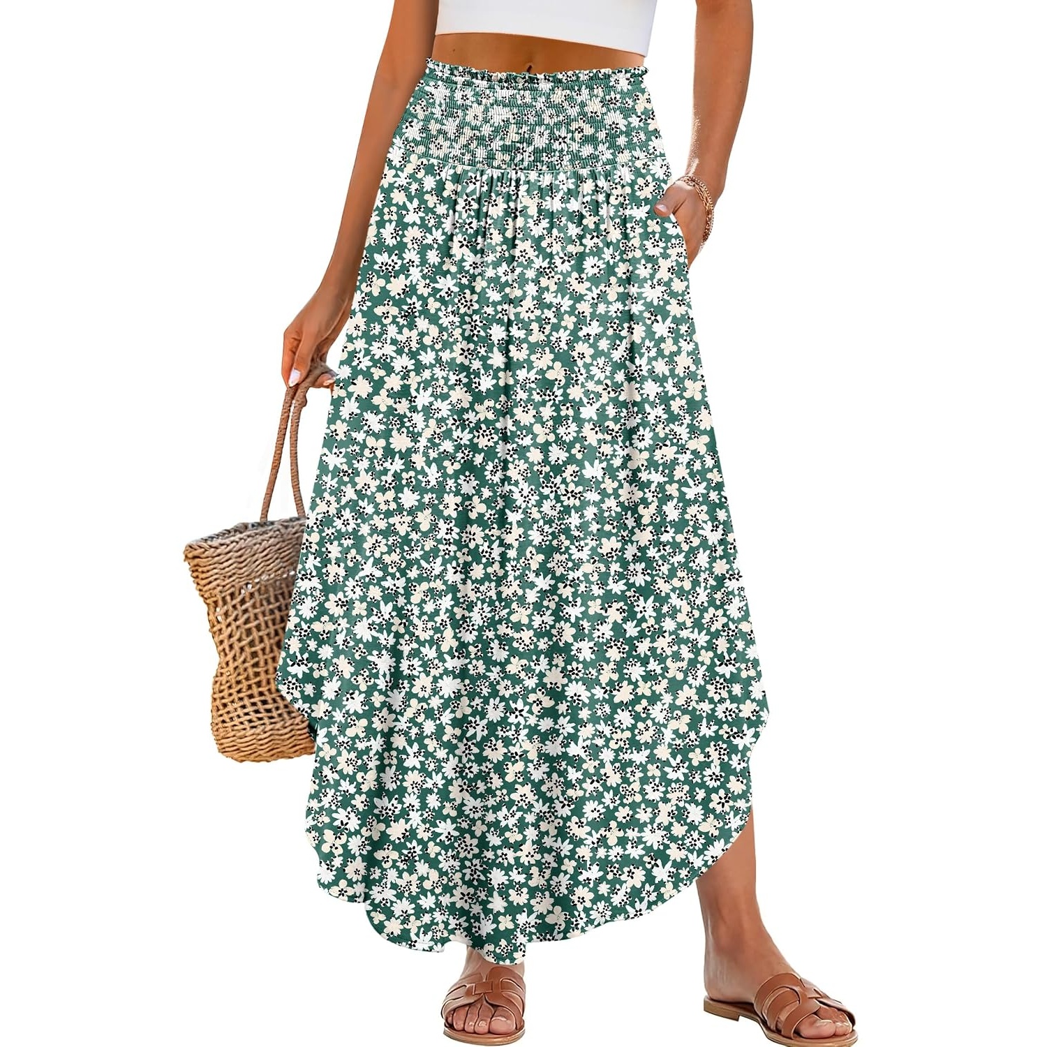 Summer Boho Floral Flowy Pleated Maxi Skirts With Pockets For Women