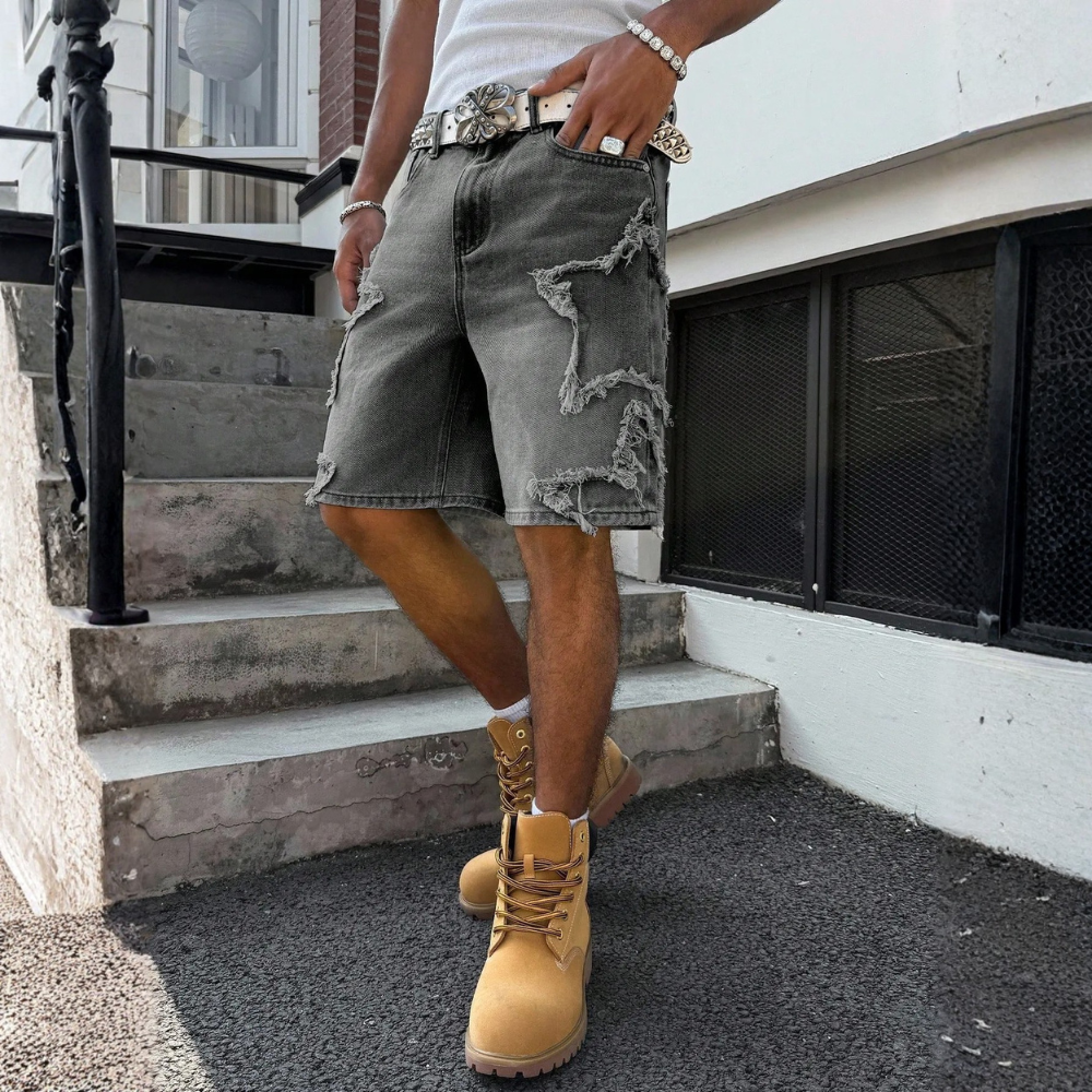 Men’s Distressed Wide Leg Denim Shorts Streetwear