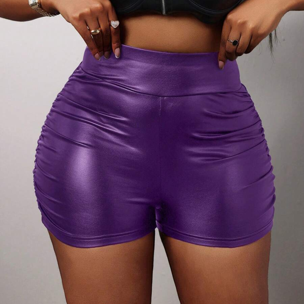 Elegant High Faux Leather Pleated Slim Shorts For Women