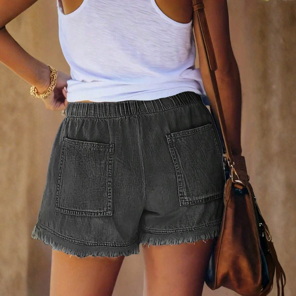 Casual Elasticated Fringe Trim Denim Shorts For Women