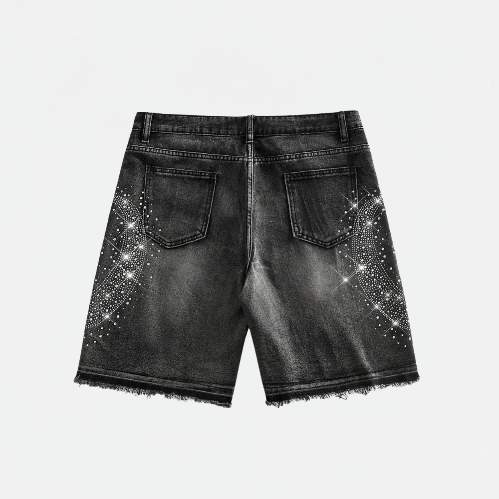 Men’s Washed Denim Shorts With Rhinestone Design