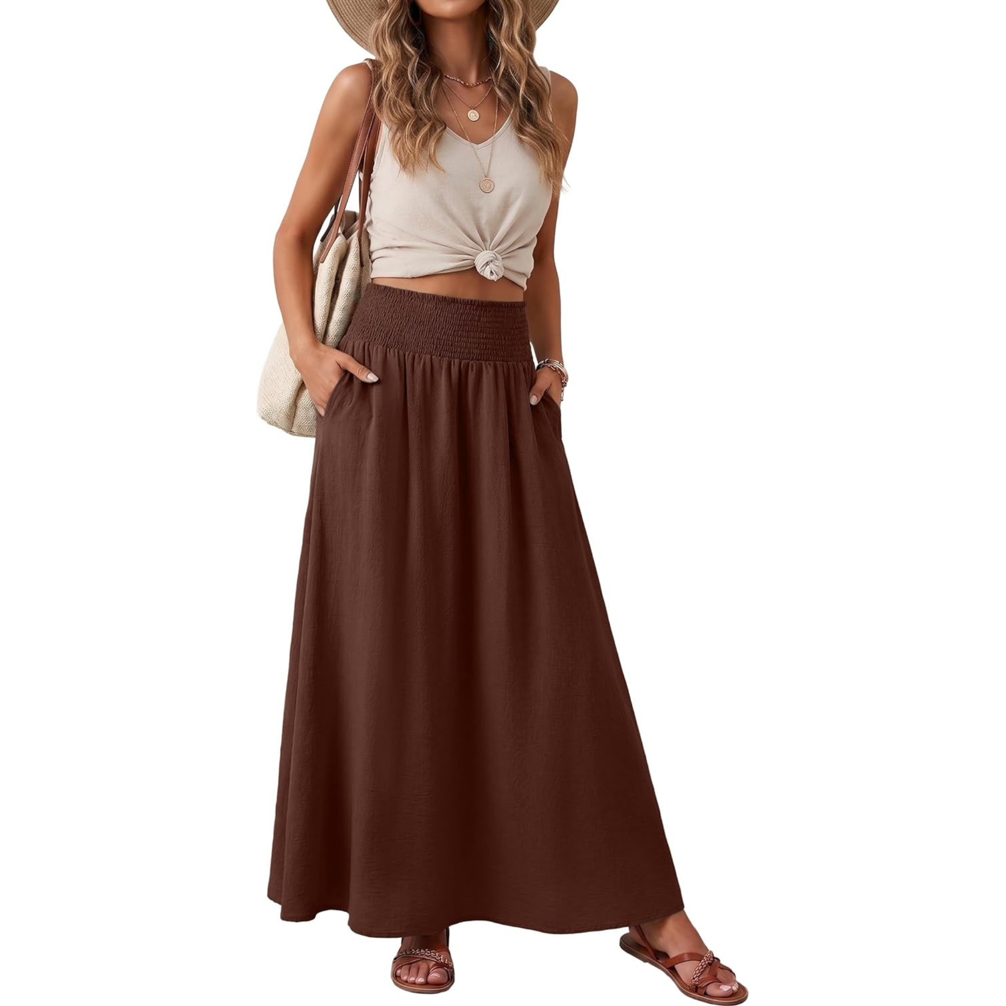 High Rise Pleated Boho Maxi Skirt With Pockets