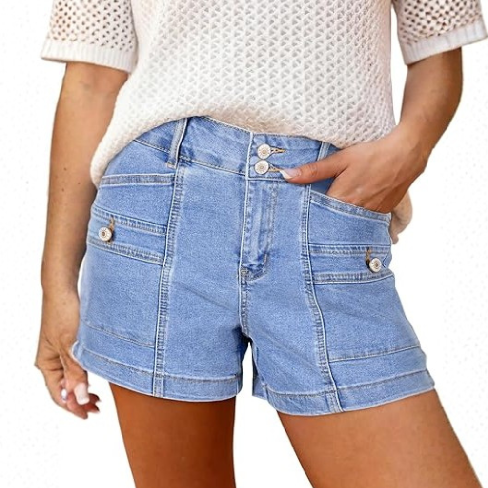 High Waisted Stretch Double Button Denim Shorts For Women