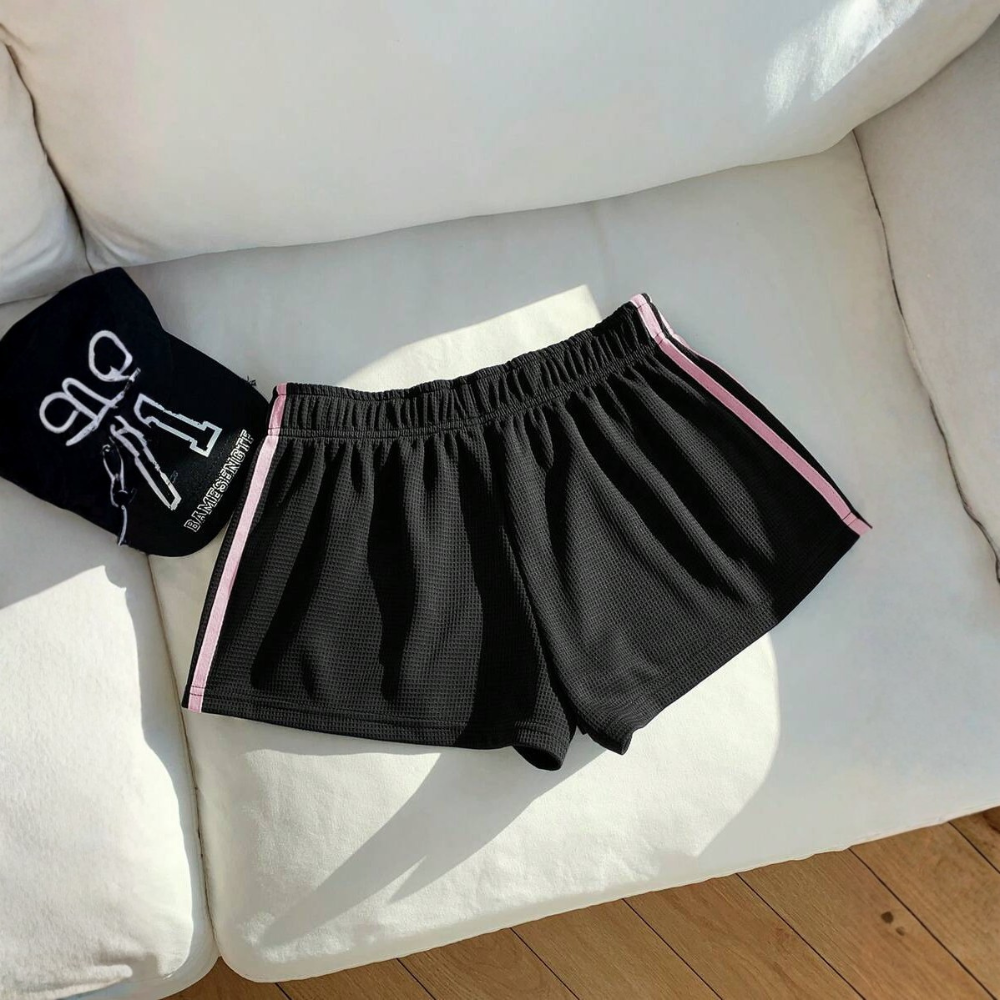 Vintage Washed Knit Cotton Striped Wide Shorts For Women