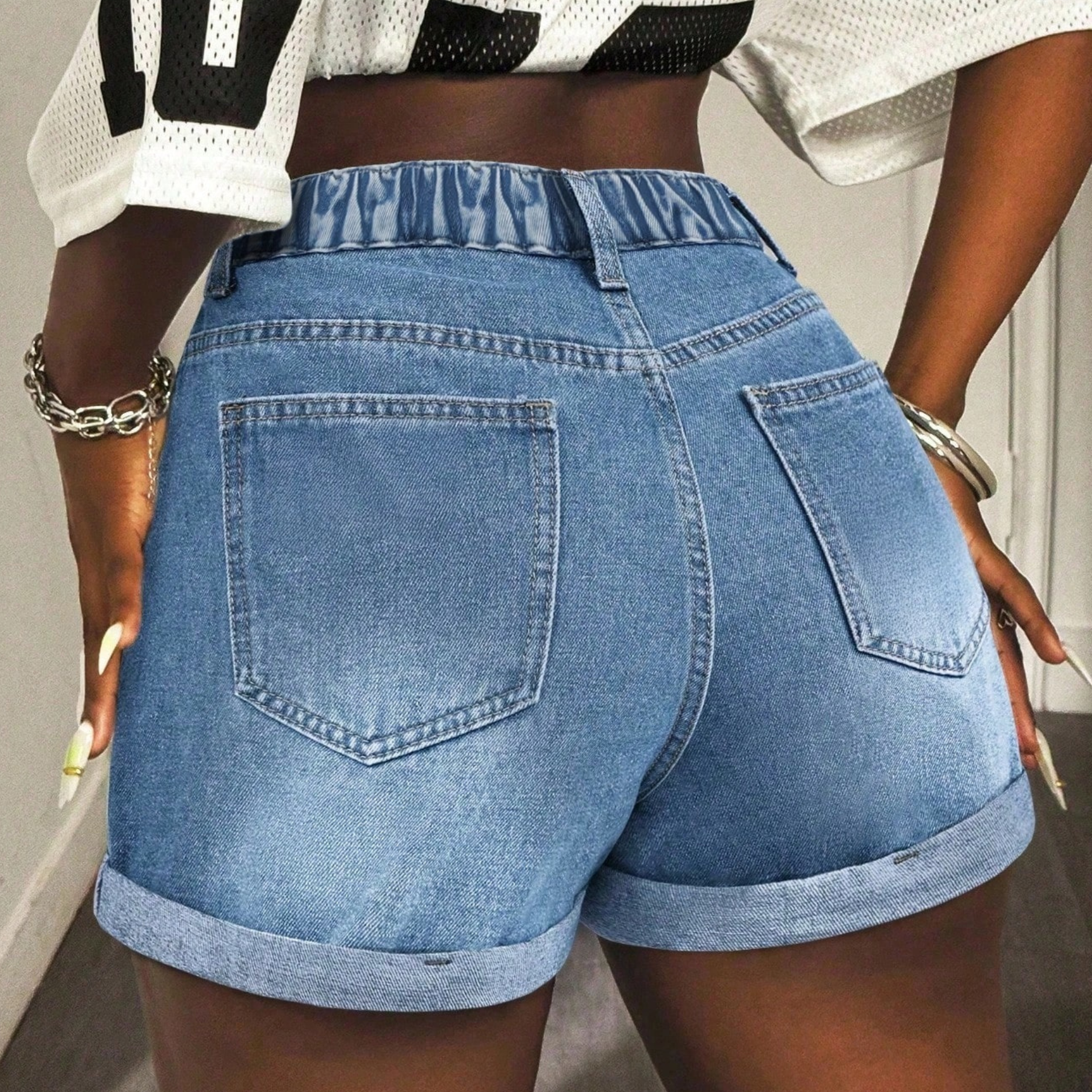 Cuffed Casual Versatile Denim Shorts For Women