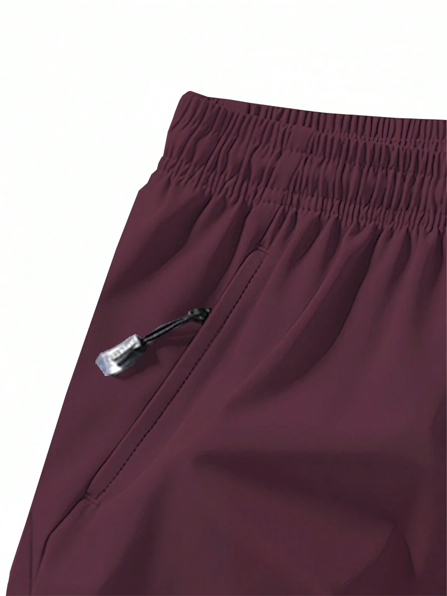 Men's Anti-Lost Drawstring Waist Sports Shorts With Zippered Pocket, 3/4 Length - Burgundy - View 4