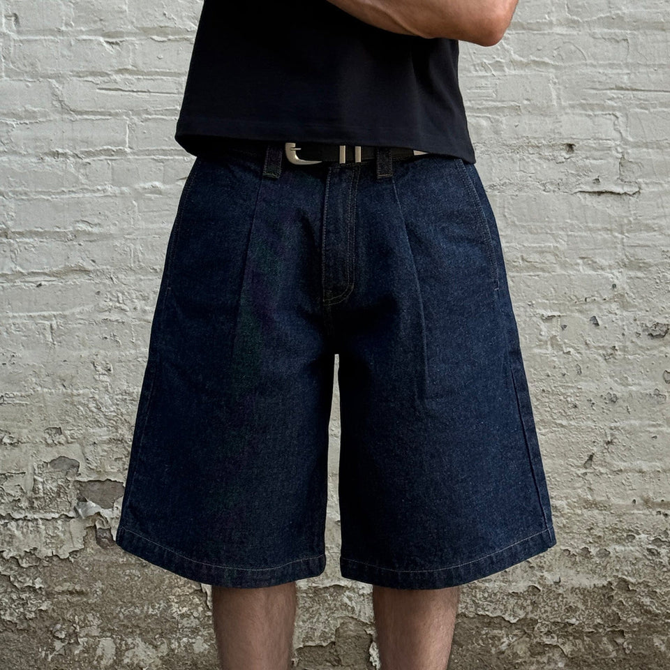 Baggy Wide Fit Pleated Design Denim Shorts 