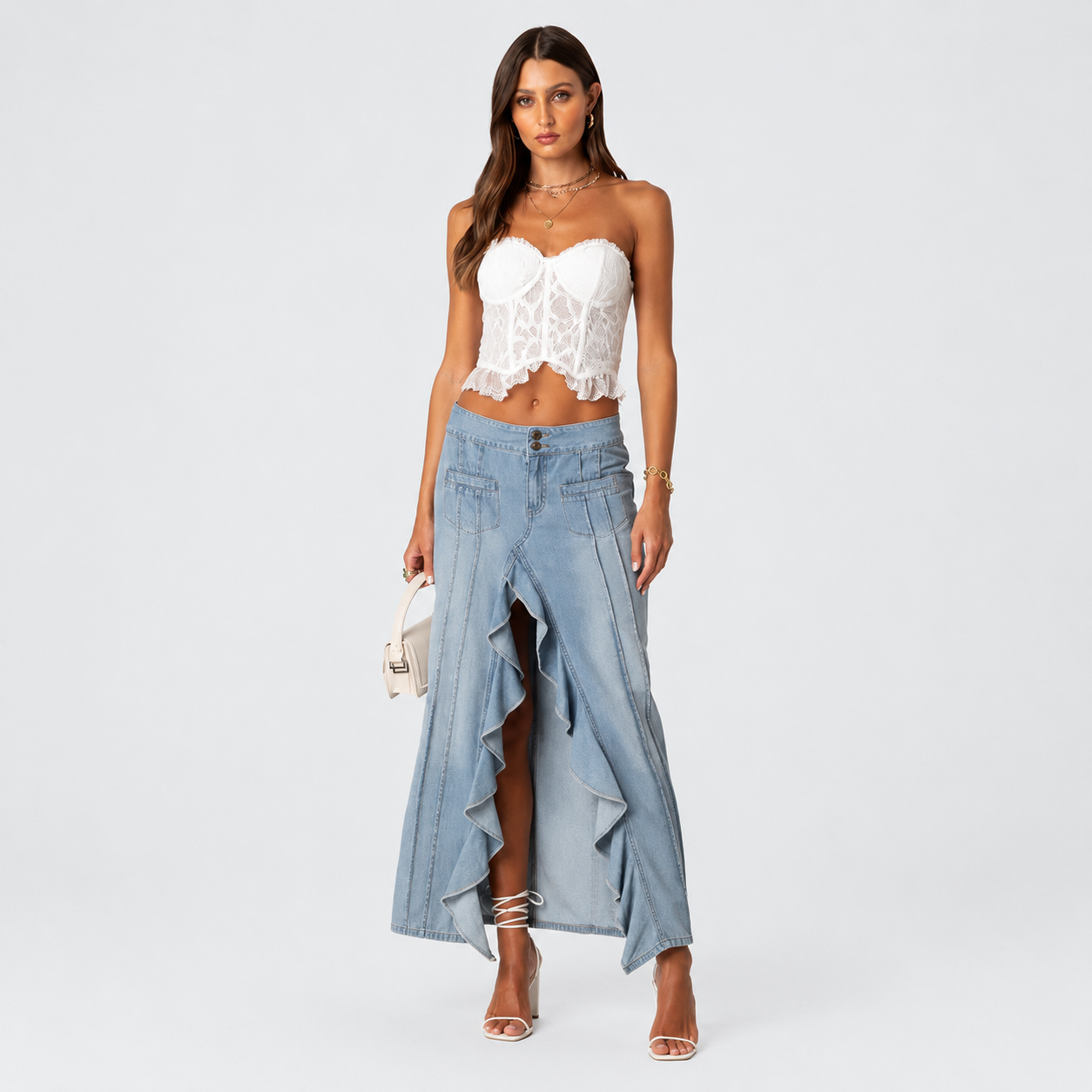 Ruffle Denim Slitted Skirt For Women