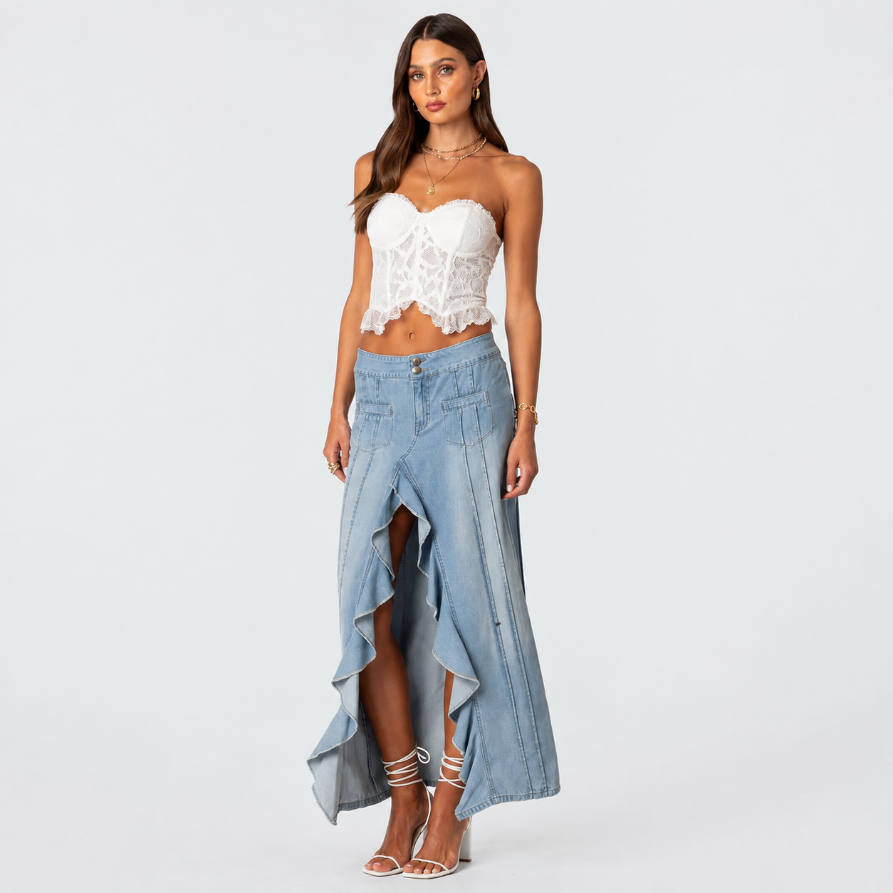 Ruffle Denim Slitted Skirt For Women