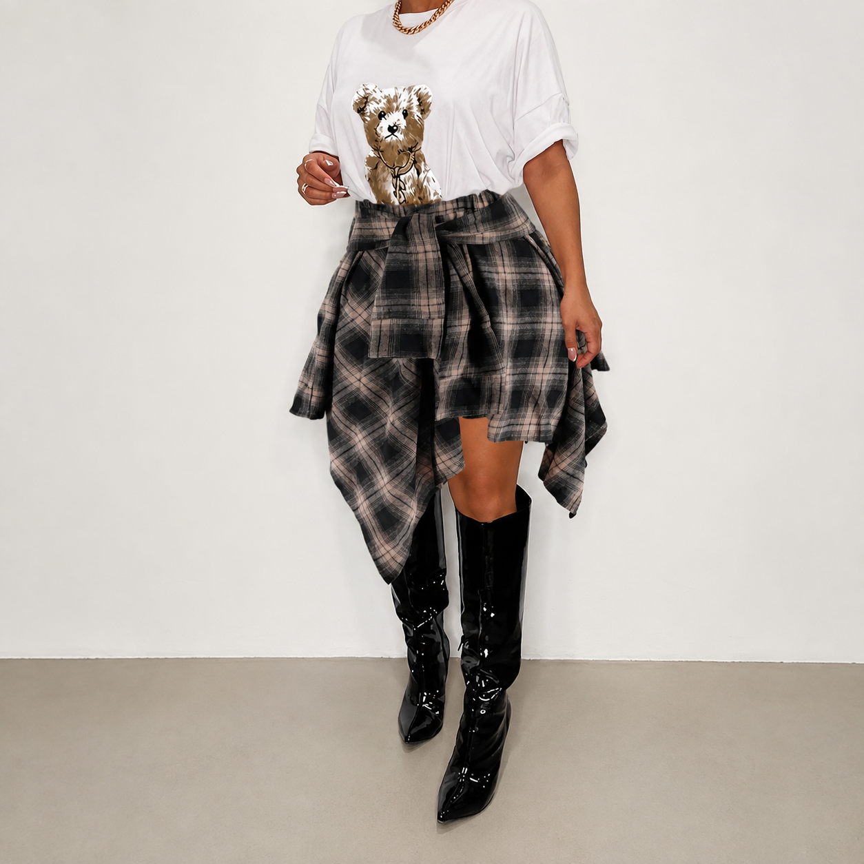 Casual Plaid Print Knot Front Asymmetrical Skirt For Women