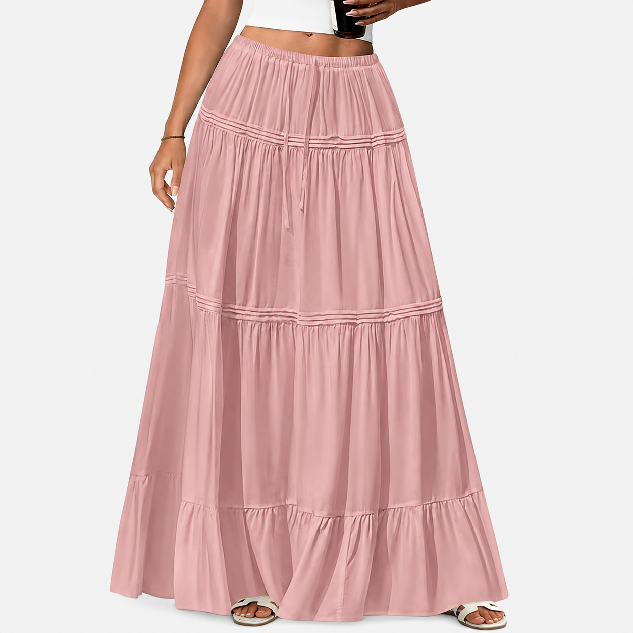 Casual Pleated High Rise Flowy Maxi Skirt For Women