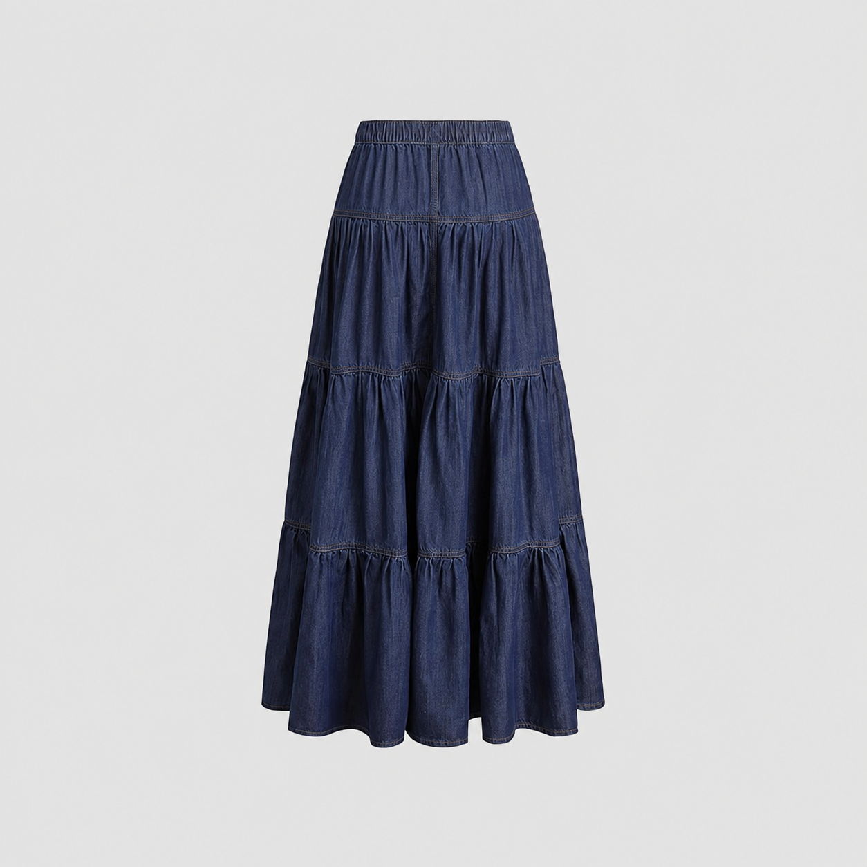 Long Tiered Button Down Denim Skirt For Women