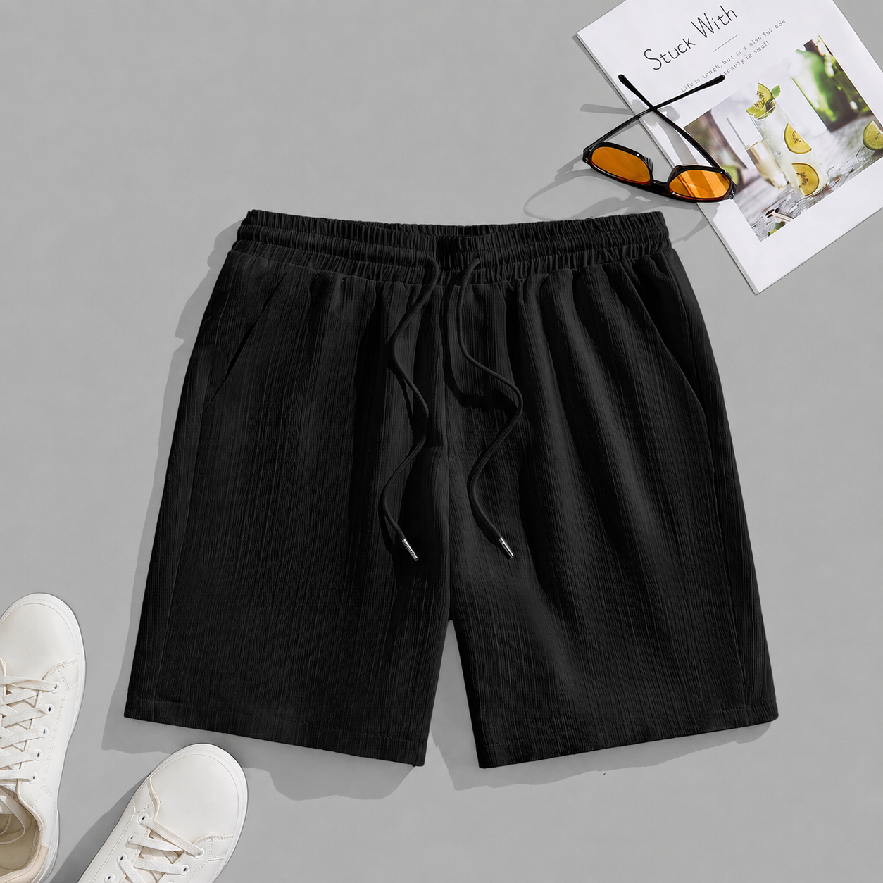 Casual Textured Summer Shorts With Drawstring For Men