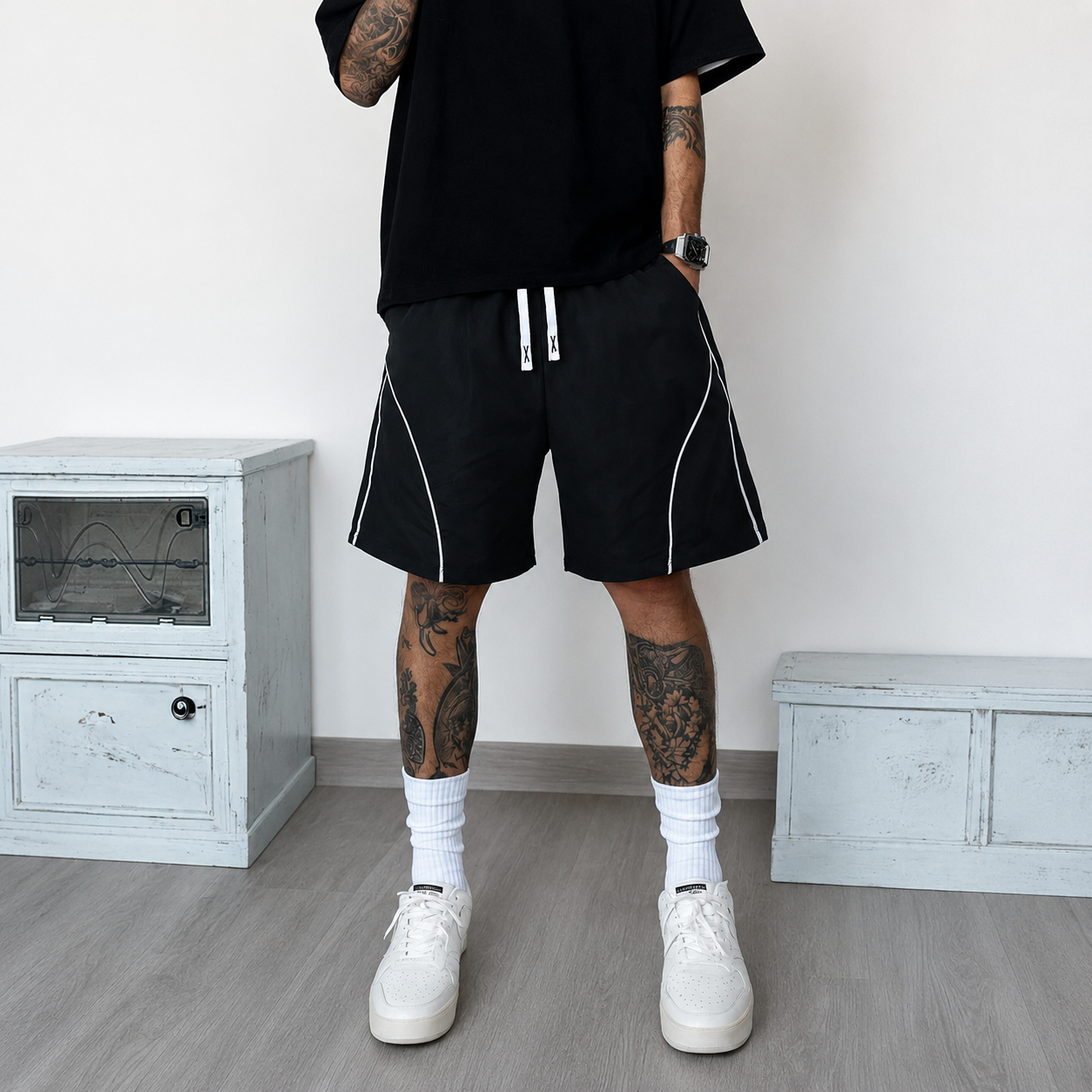 Casual Contrast Shorts With Drawstring And Pocket For Men