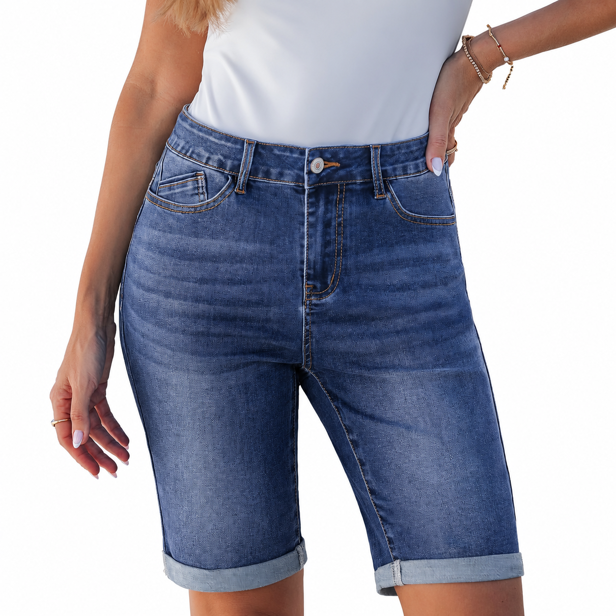 Bermuda Cuffed Hem Long Stretchy Denim Shorts For Women