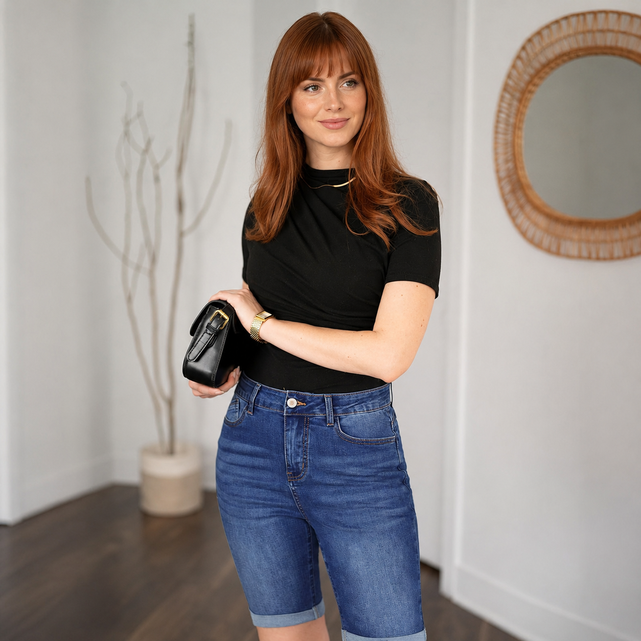 Bermuda Cuffed Hem Long Stretchy Denim Shorts For Women