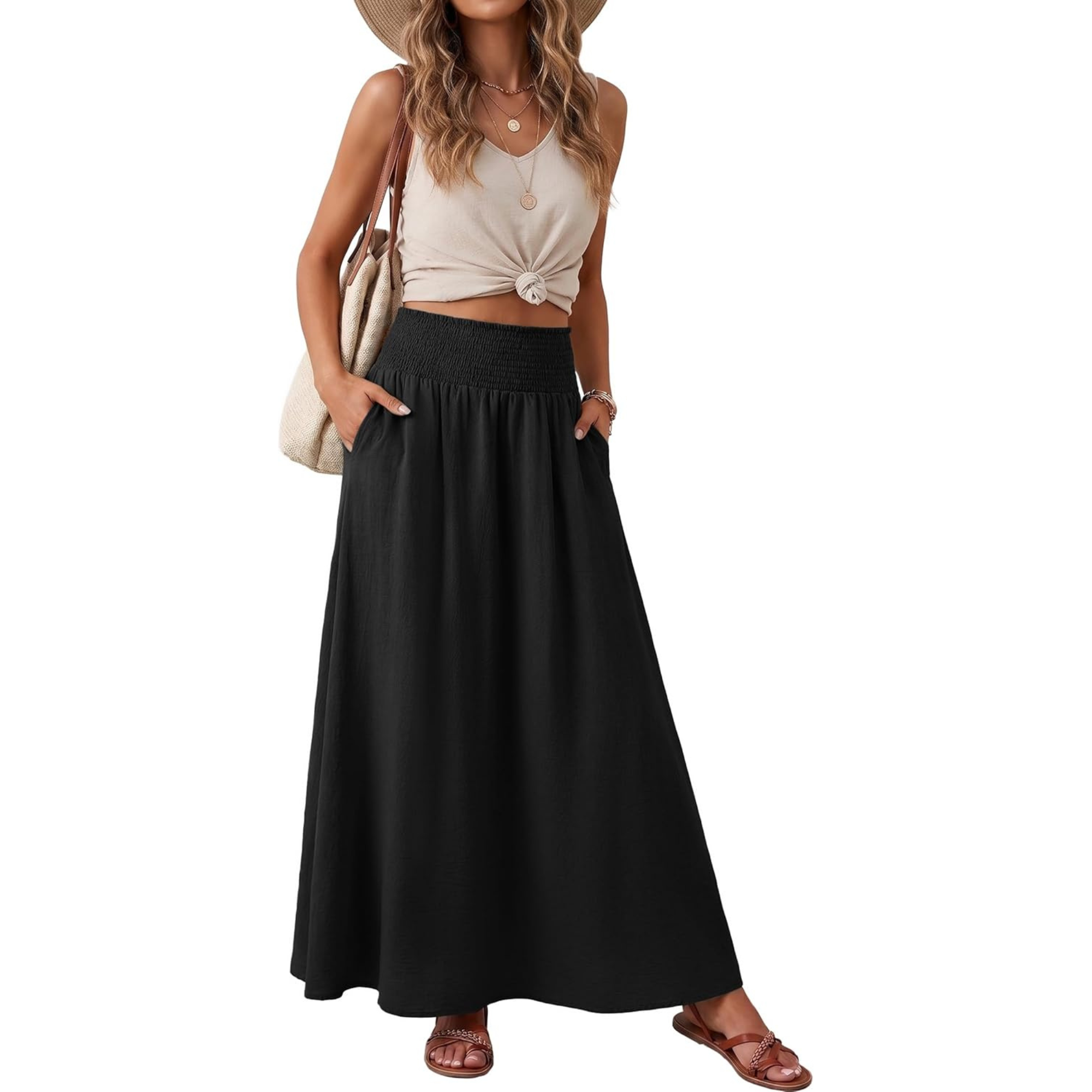 High Rise Pleated Boho Maxi Skirt With Pockets