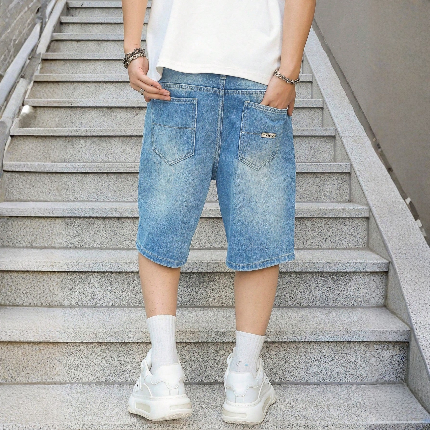 Manfinity Loose Fit Embroidered Denim Shorts Casual Summer Style