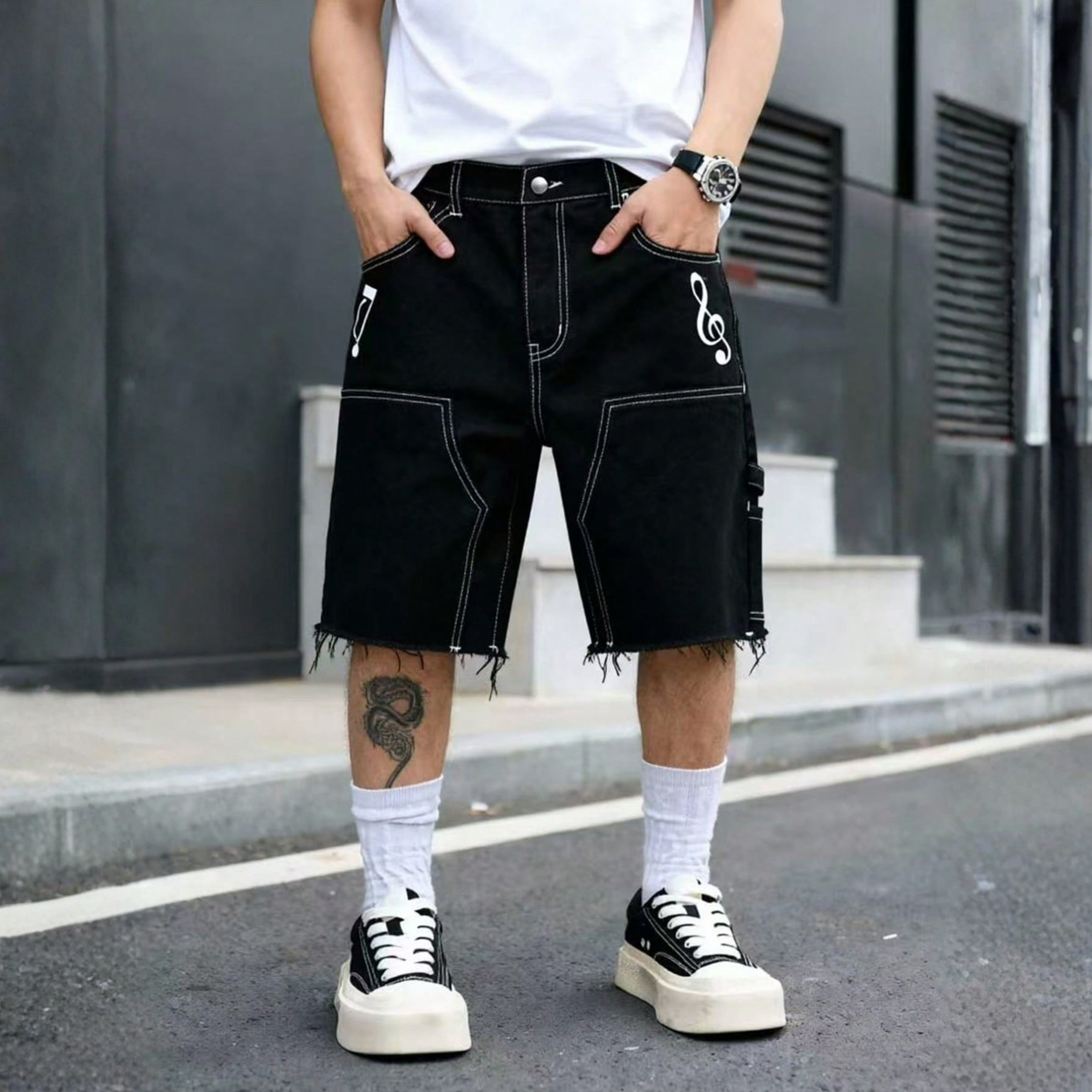 Manfinity Loose Fit Embroidered Denim Shorts Casual Summer Style