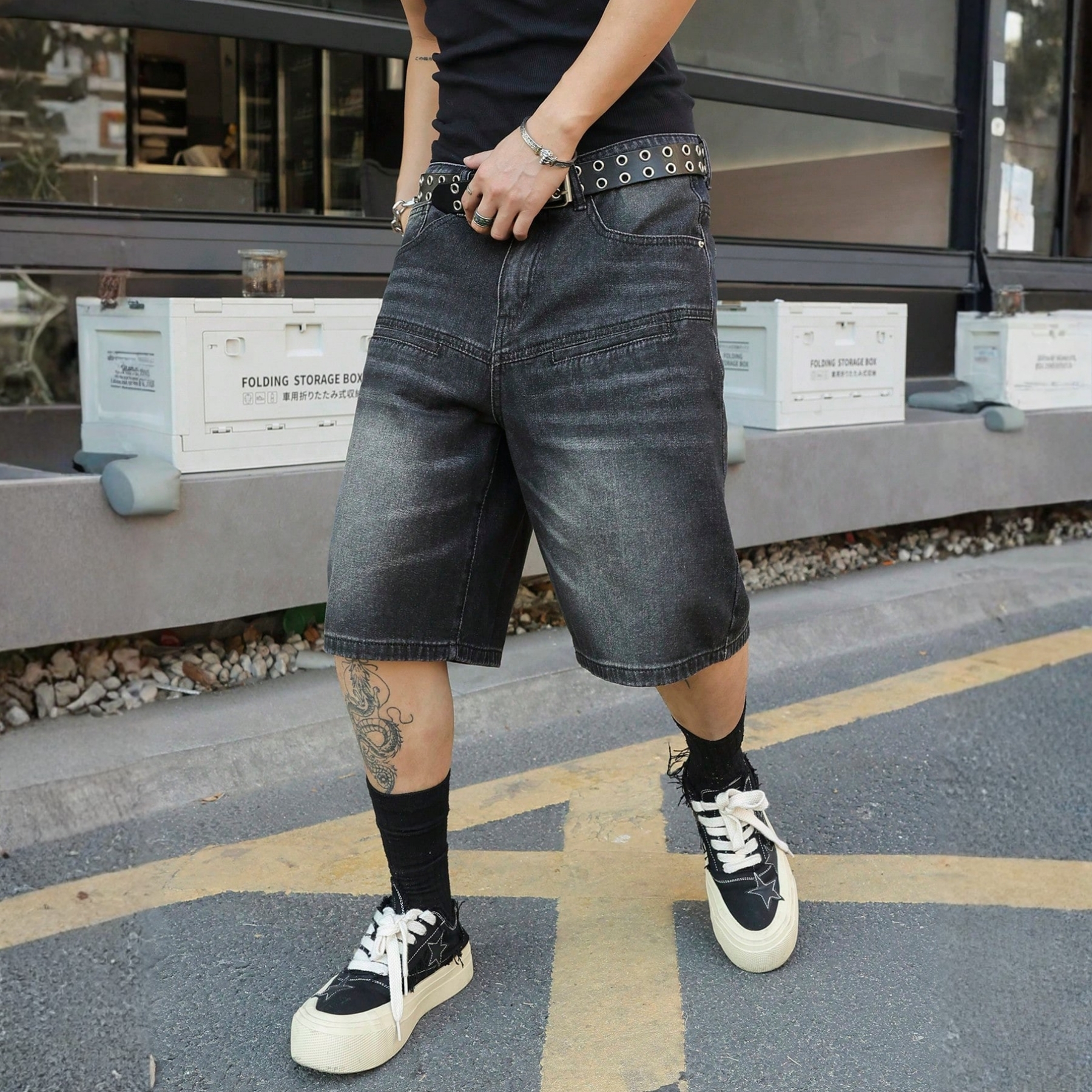 Manfinity Loose Fit Embroidered Denim Shorts Casual Summer Style