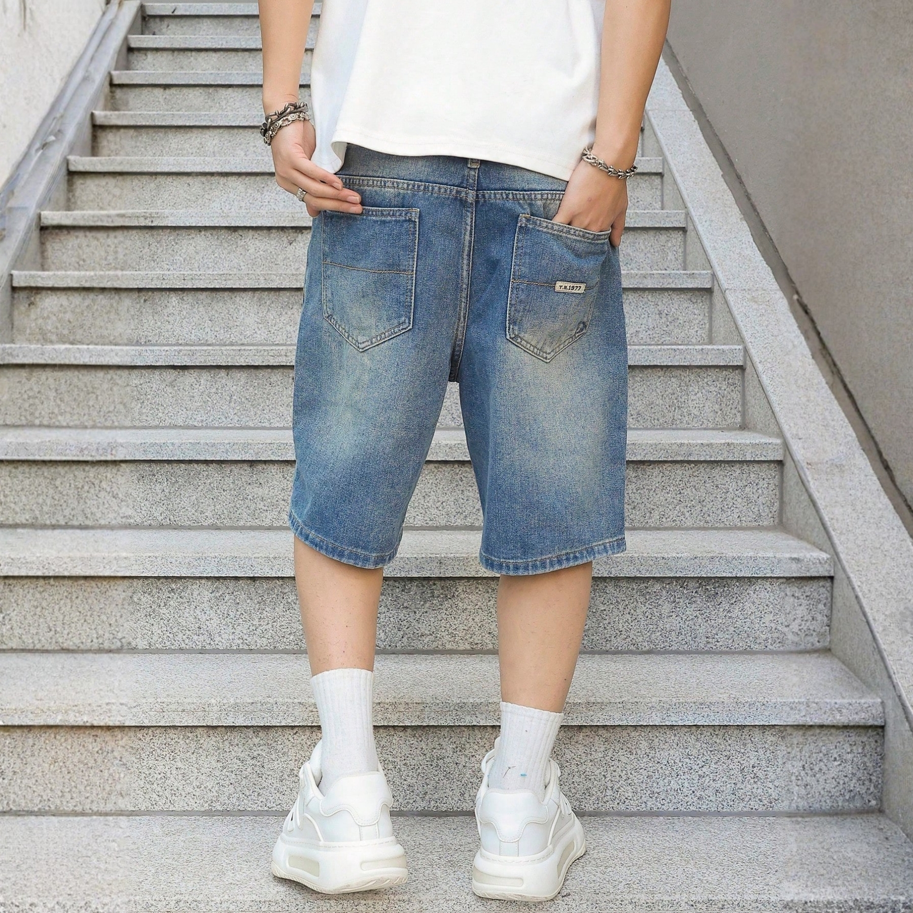 Manfinity Loose Fit Embroidered Denim Shorts Casual Summer Style