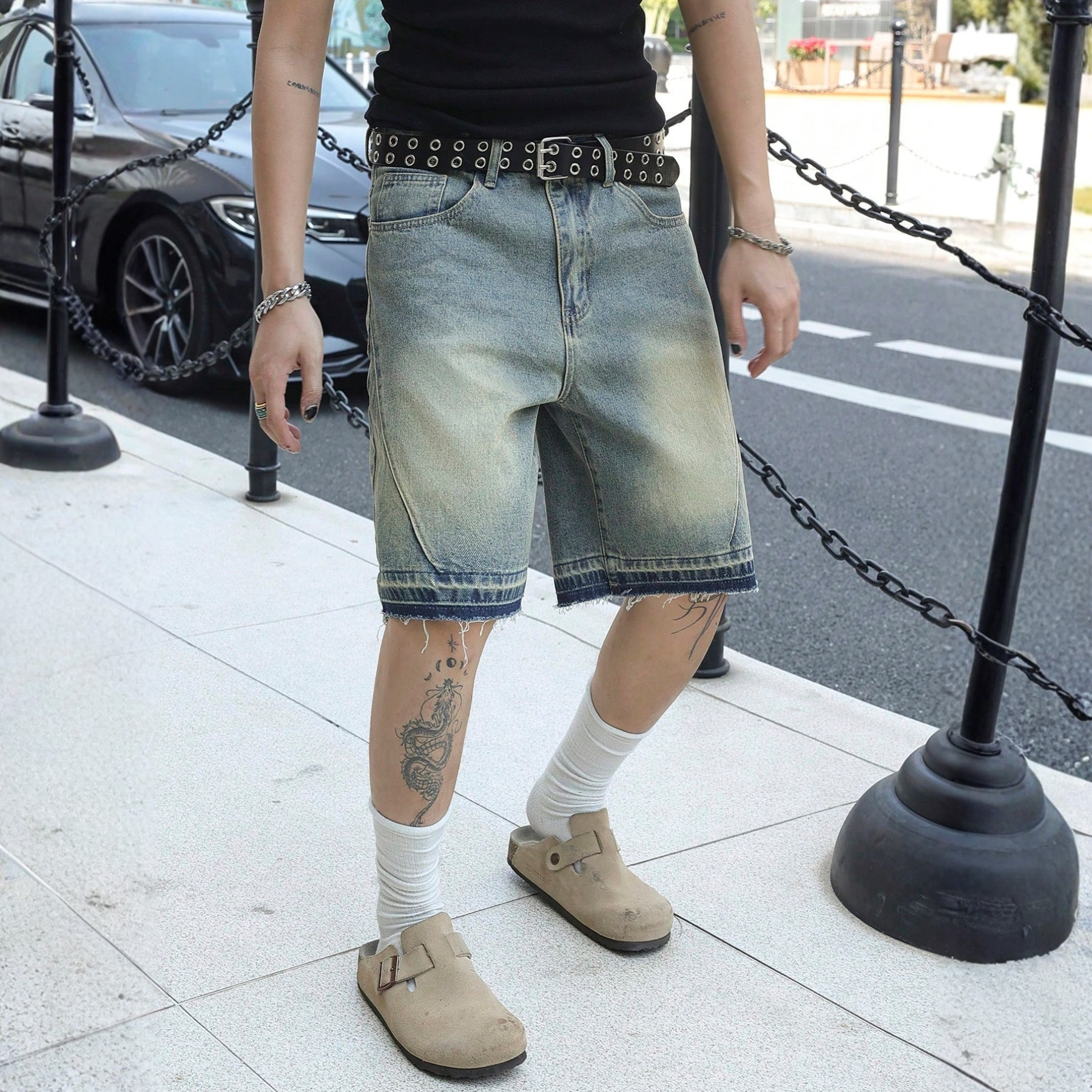 Manfinity Loose Fit Embroidered Denim Shorts Casual Summer Style
