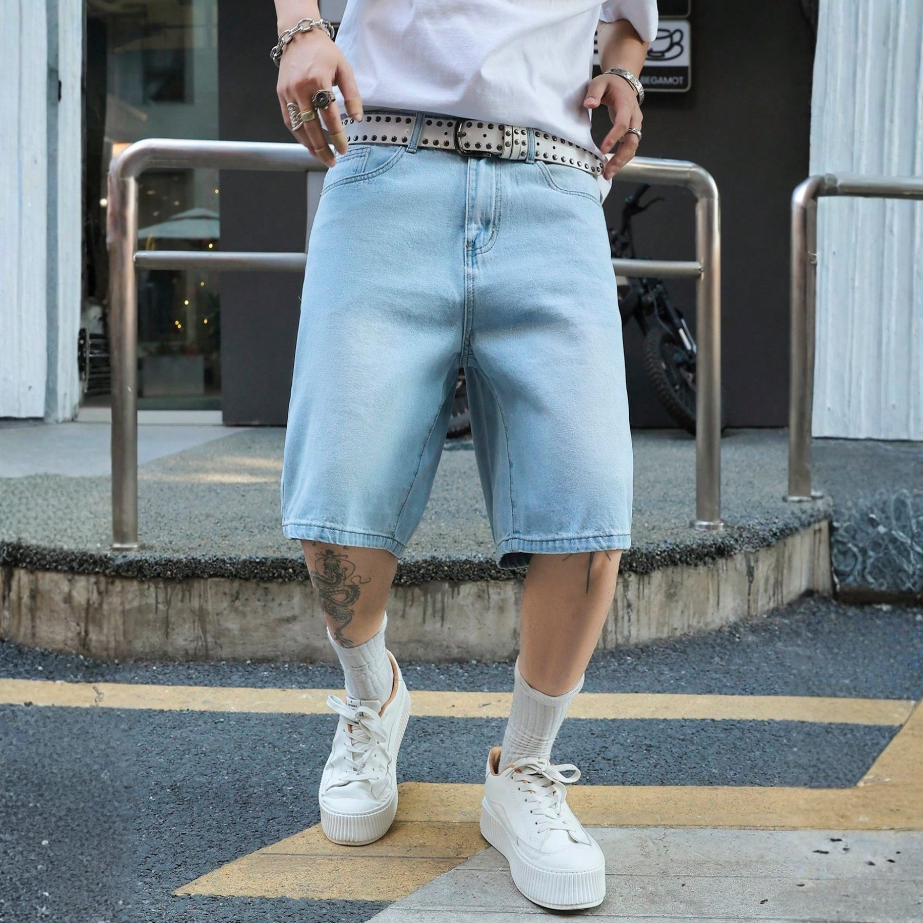 Manfinity Loose Fit Embroidered Denim Shorts Casual Summer Style