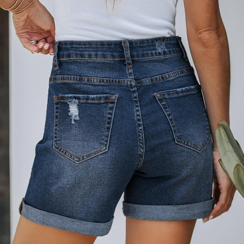 Stretchy Denim Shorts with Pockets Rolled Hem