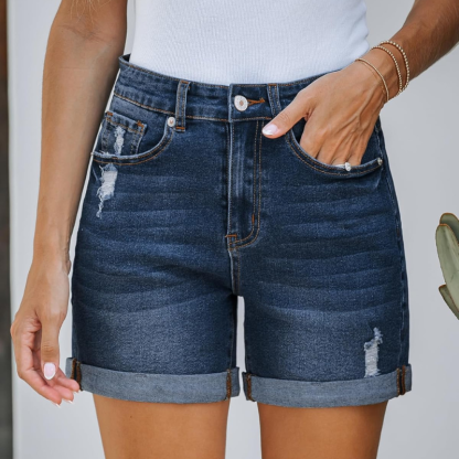 Stretchy Denim Shorts with Pockets Rolled Hem