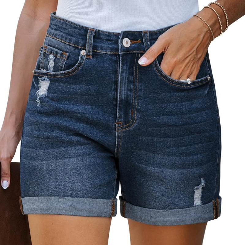 Stretchy Denim Shorts with Pockets Rolled Hem – Casual & Stylish