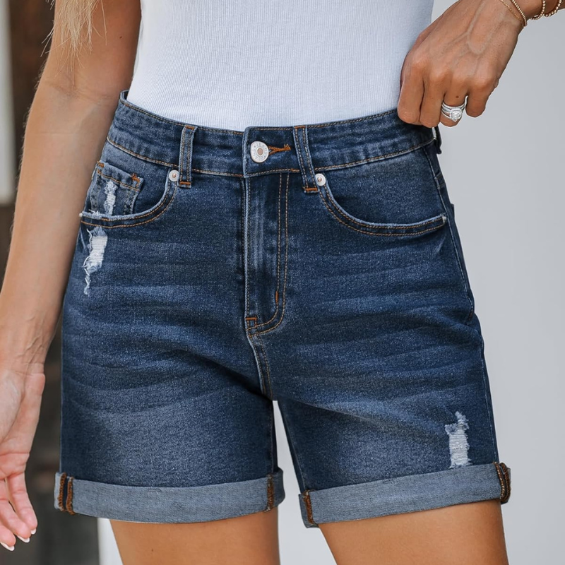 Stretchy Denim Shorts with Pockets Rolled Hem