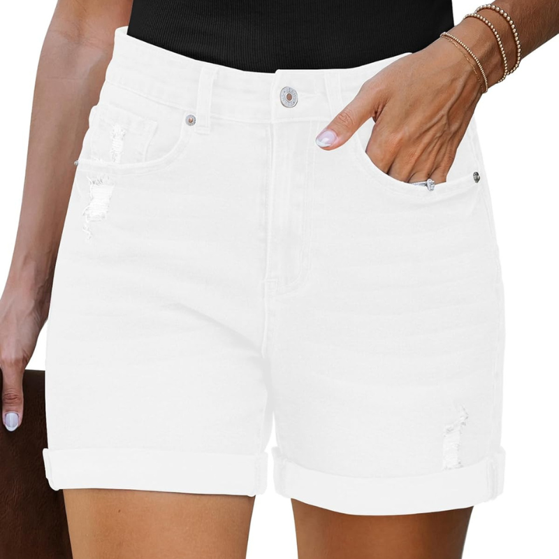Stretchy Denim Shorts with Pockets Rolled Hem