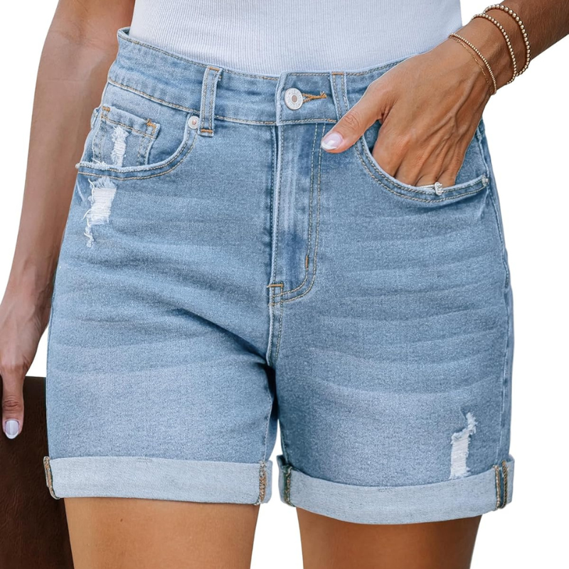 Stretchy Denim Shorts with Pockets Rolled Hem