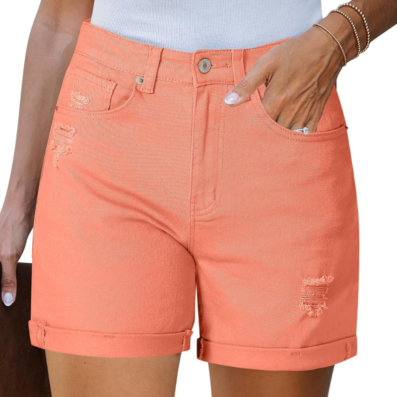 Stretchy Denim Shorts with Pockets Rolled Hem