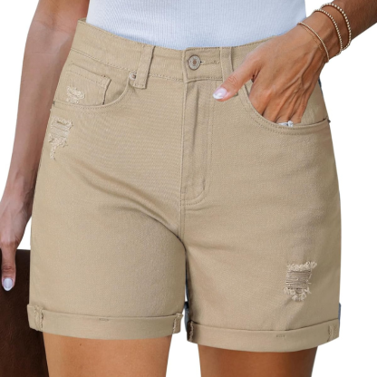 Stretchy Denim Shorts with Pockets Rolled Hem