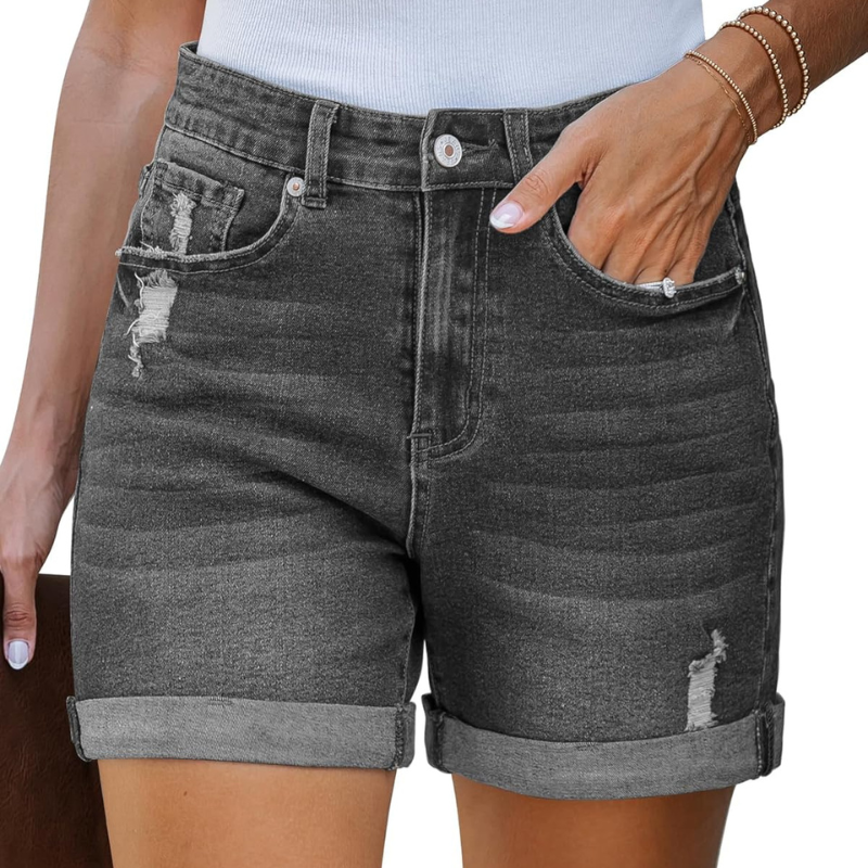 Stretchy Denim Shorts with Pockets Rolled Hem