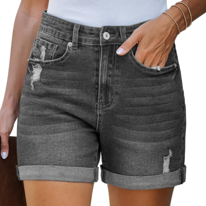 Stretchy Denim Shorts with Pockets Rolled Hem