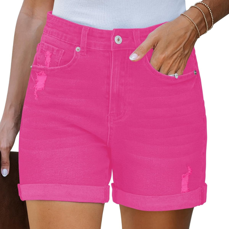 Stretchy Denim Shorts with Pockets Rolled Hem