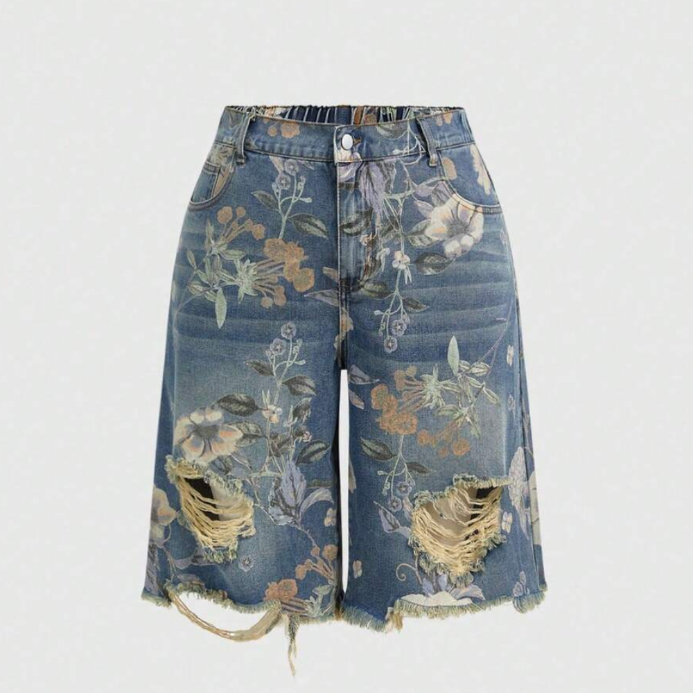 Vintage Floral Print Plus Size Wide-Leg Cropped Jeans