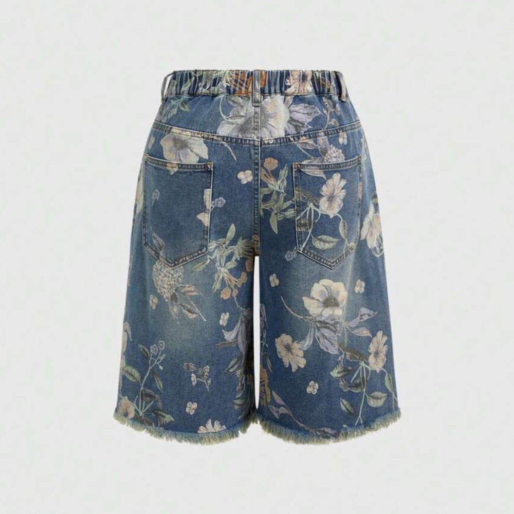Vintage Floral Print Plus Size Wide-Leg Cropped Jeans