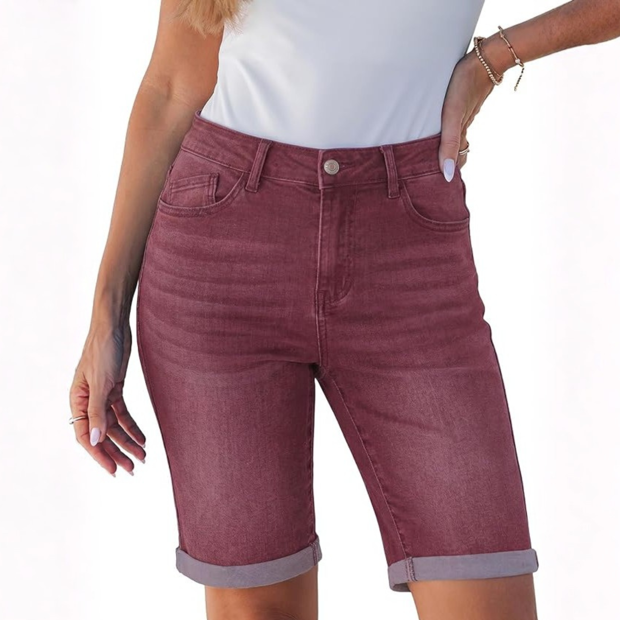 Bermuda Cuffed Hem Long Stretchy Denim Shorts For Women