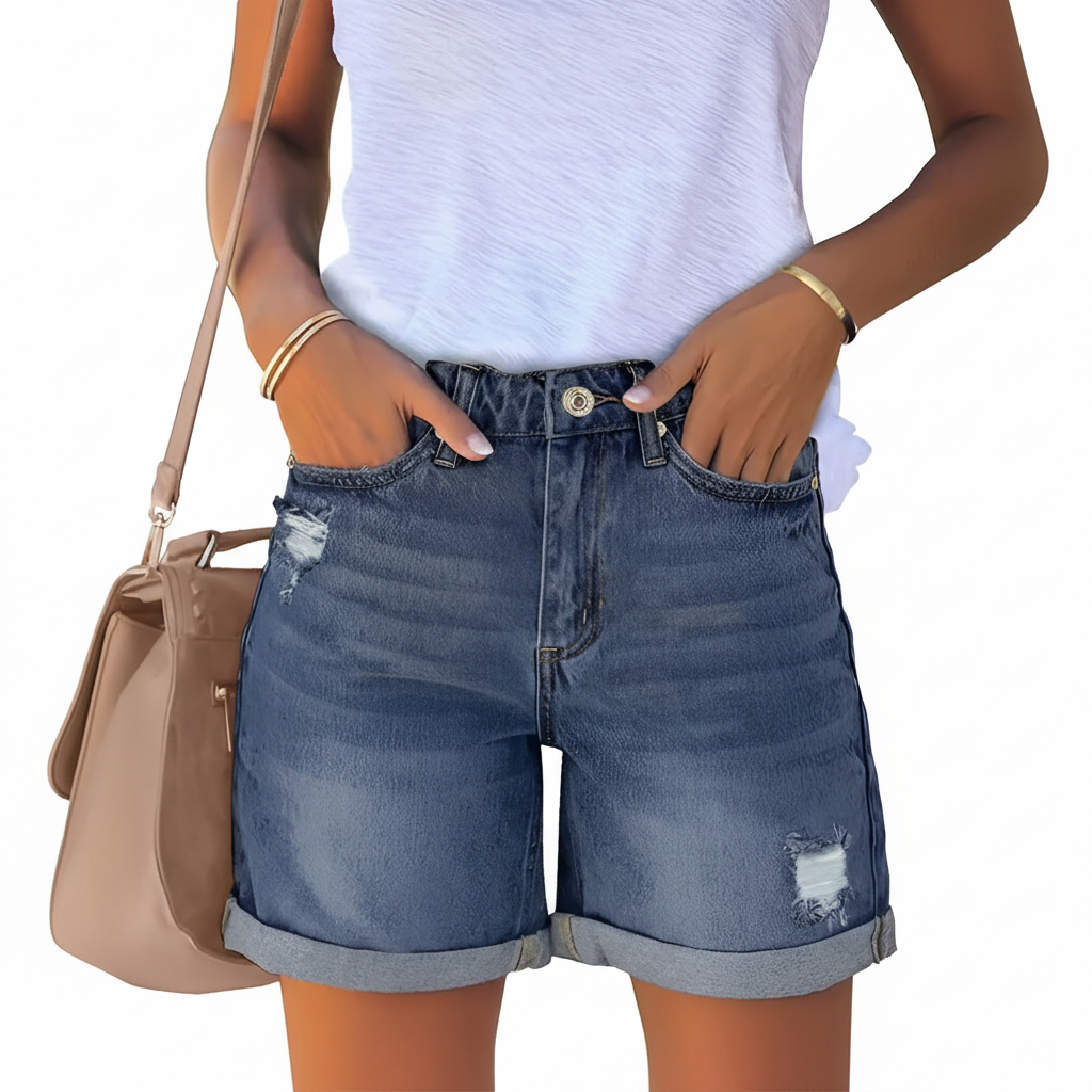 Casual High Rise Rolled Hem Denim Shorts For Women