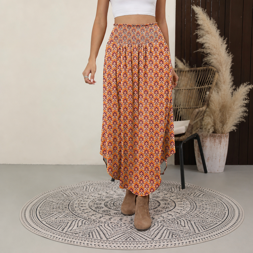 Summer Boho Floral Flowy Pleated Maxi Skirts With Pockets For Women