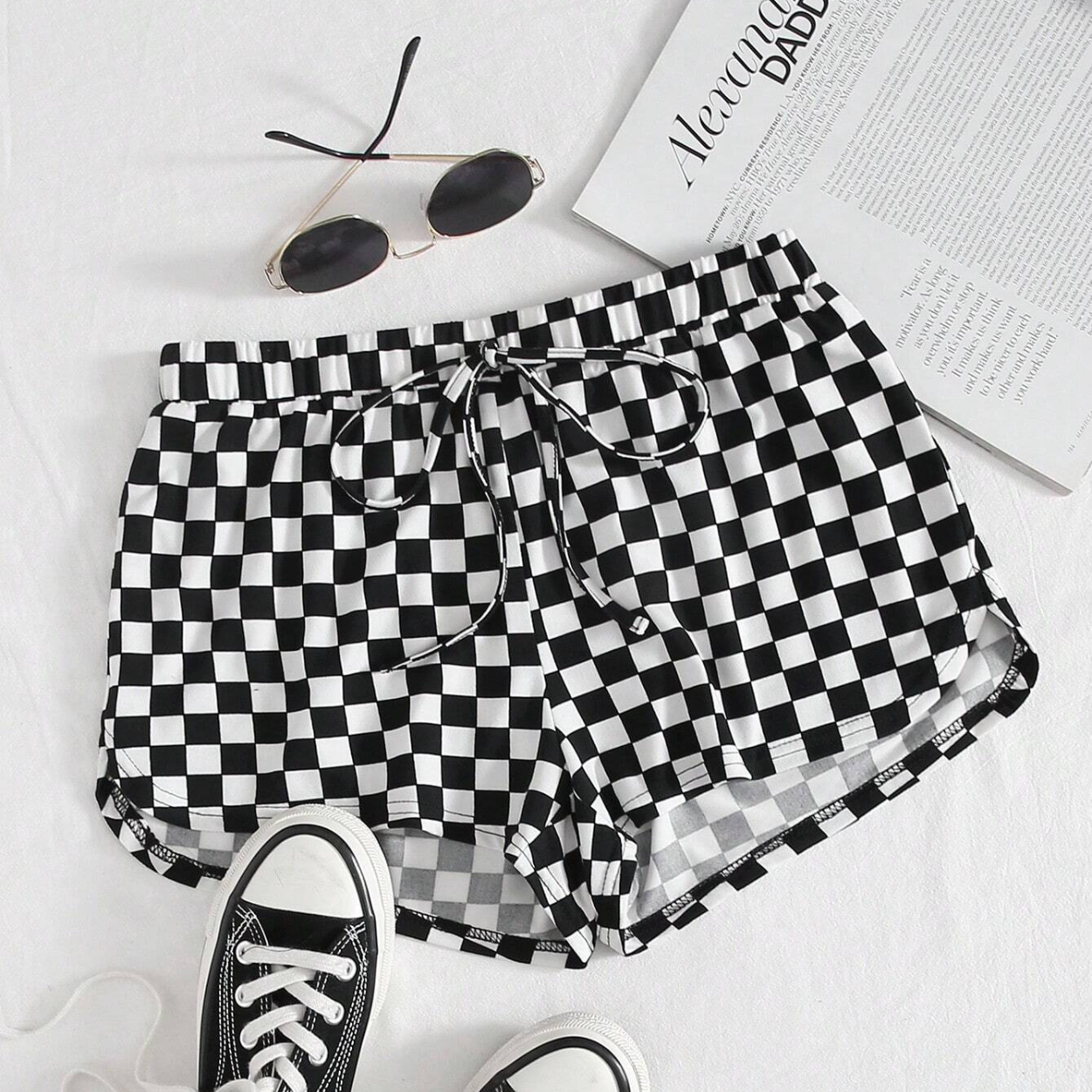 Checkered Printed Loose Fit Drawstring Shorts For Women