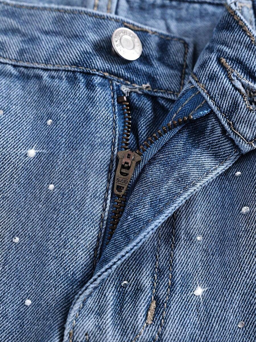 Women's Rhinestone Embellished Washed Denim Straight Leg Shorts - Medium Wash - View 4