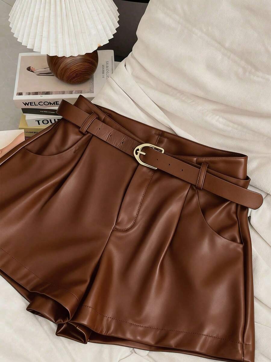 Women's Fashion Casual PU Leather Pocket Shorts, Summer - Brown - View 4