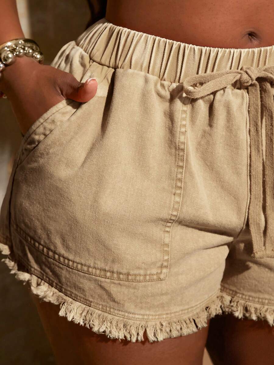 SHEIN SXY Plus Size Women New Spring/Summer Retro Washed Vintage Elastic Waist Fringe Hem Shorts, Suitable For Everyday Wear, Music Festival, Concert, Carnival Party, Beach Vacation, Date Night, Birthday, Bachelorette Party, Club, Cute, Casual, Shopping, Streetwear, Going Out, , Easy To Match & Look Slim, Accentuate Your Body, Flatter The Figure Fringe Shorts Women Summer Shorts Linen Shorts Drawstring Shorts - Khaki - View 6